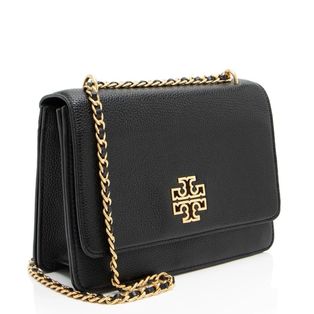Tory Burch Britten Shoulder Bag Womens Medium Black Excellent Leather Gold Logo